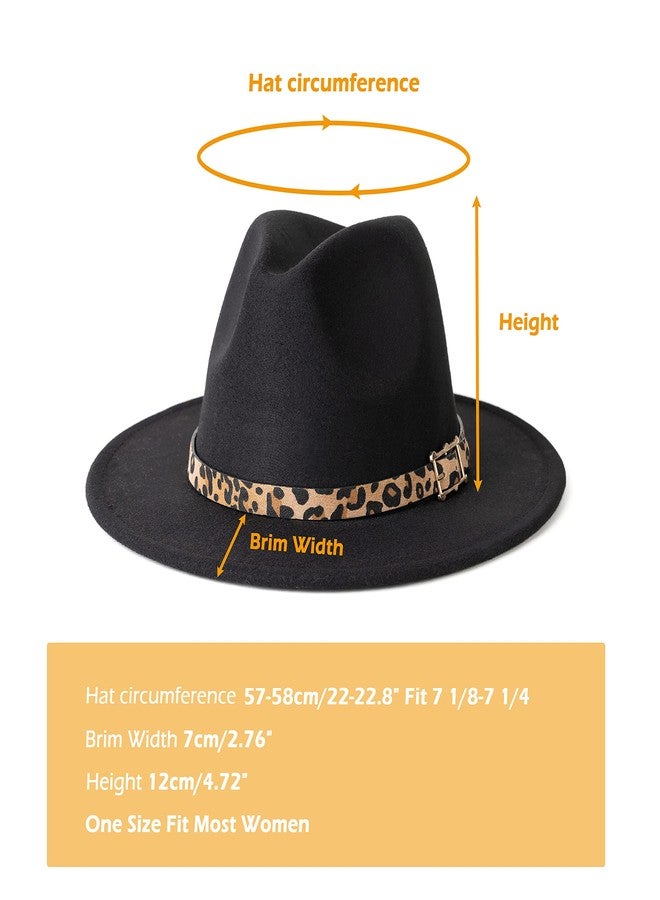 Gossifan Women Two Tone Wide Brim Fedora Felt Panama Hats Classic Belt Buckle Square Buckle-Black Leopard - Image 3